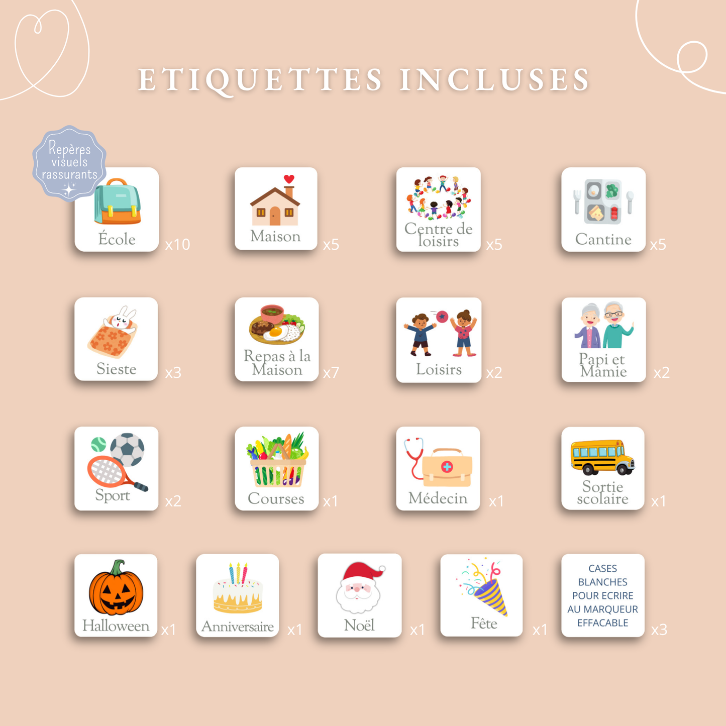 Avec ce semainier plastifié, recevez 50 étiquettes colorées pour aider votre enfant à visualiser sa semaine : repas à la maison, école, papi/mamie, loisirs… Inclus également : 3 étiquettes vierges pour écrire au marqueur effaçable.