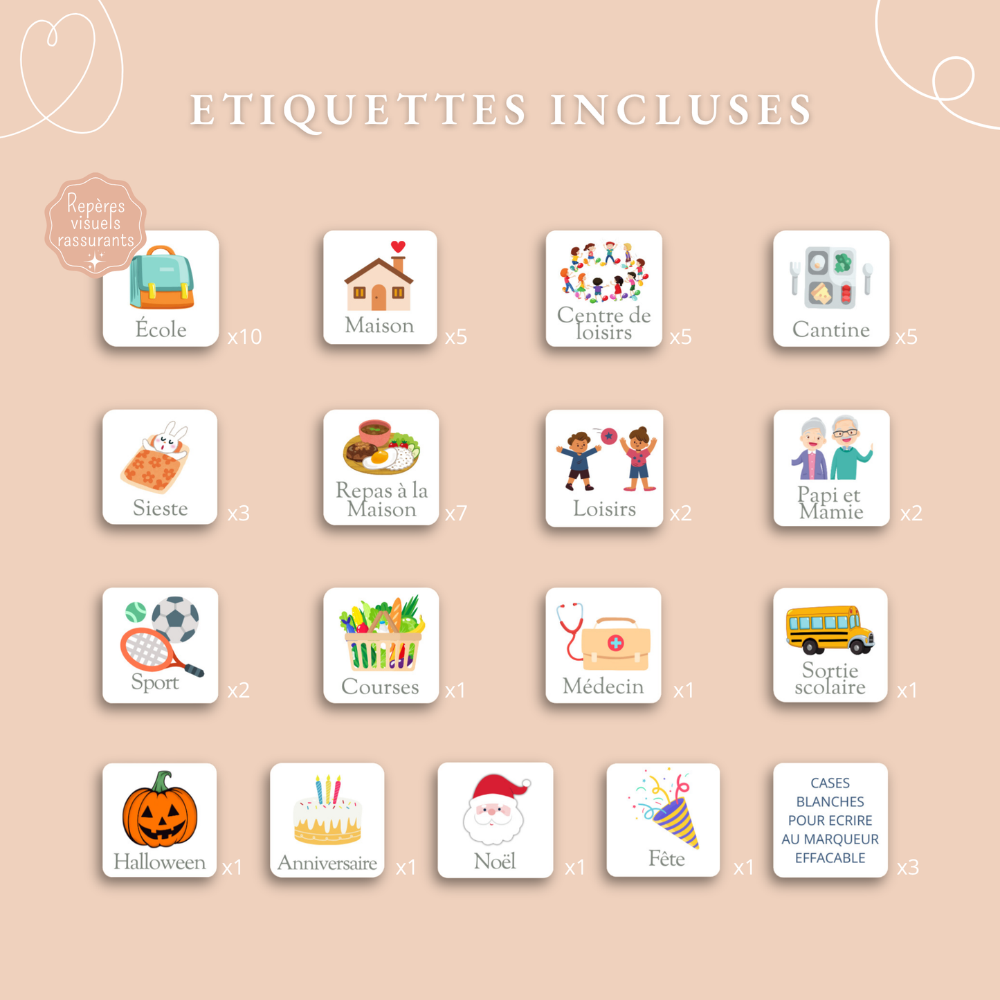 Avec ce semainier plastifié, recevez 50 étiquettes colorées pour aider votre enfant à visualiser sa semaine : repas à la maison, école, papi/mamie, loisirs… Inclus également : 3 étiquettes vierges pour écrire au marqueur effaçable.