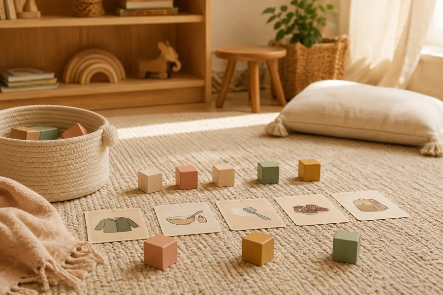 Cartes illustrées et cubes en bois pour favoriser l'apprentissage par la répétition