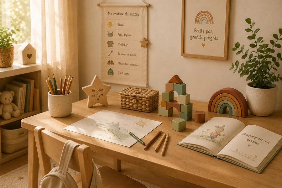 Coin bureau d’enfant avec un dessin, des crayons et une construction en cubes, dans une ambiance douce et lumineuse.
