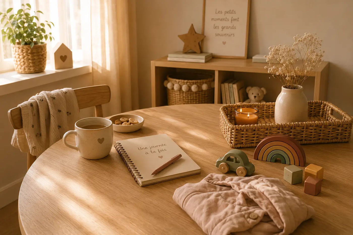 Table familiale avec une tasse, un carnet et quelques affaires d’enfant dans une ambiance douce de fin de journée.