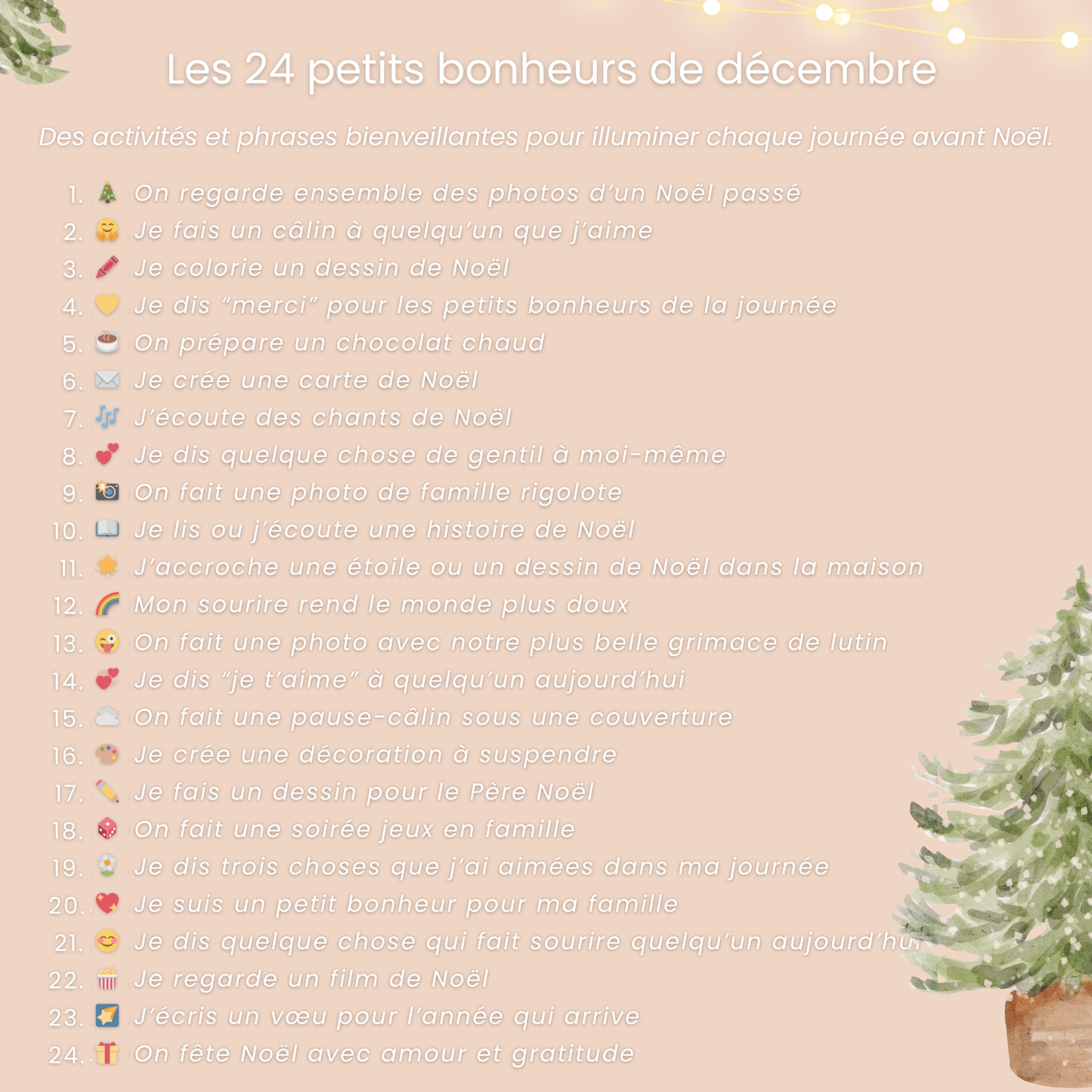 Calendrier de l’Avent Petit Bonheur – 24 activités et phrases de Noël bienveillantes pour enfants et familles.