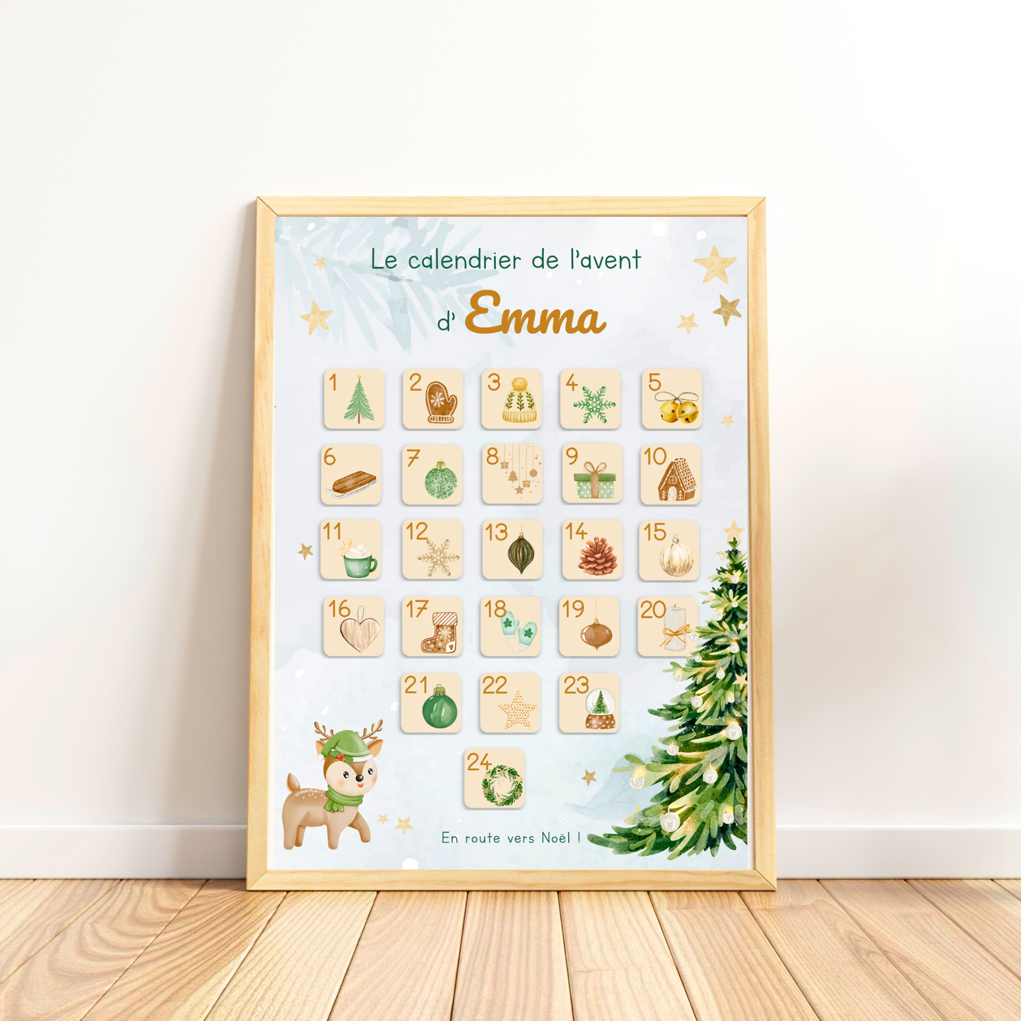 Calendrier de l’Avent Petit Bonheur – modèle Rêve Doré, ambiance poétique et lumineuse, pour partager 24 petits bonheurs et phrases bienveillantes avant Noël.