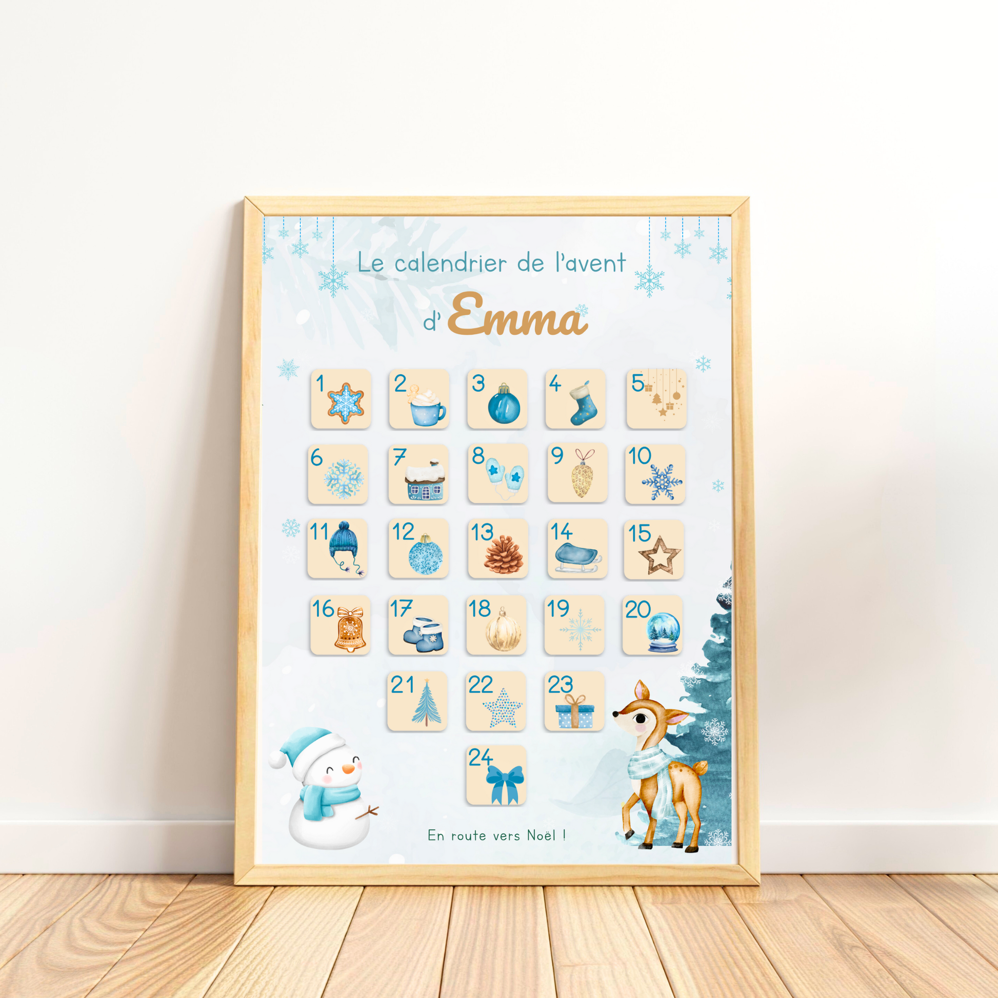 Calendrier de l’Avent Petit Bonheur – modèle Neige Étoilée, ambiance givrée et féérique, avec 24 activités à gratter et messages de Noël pour enfants.