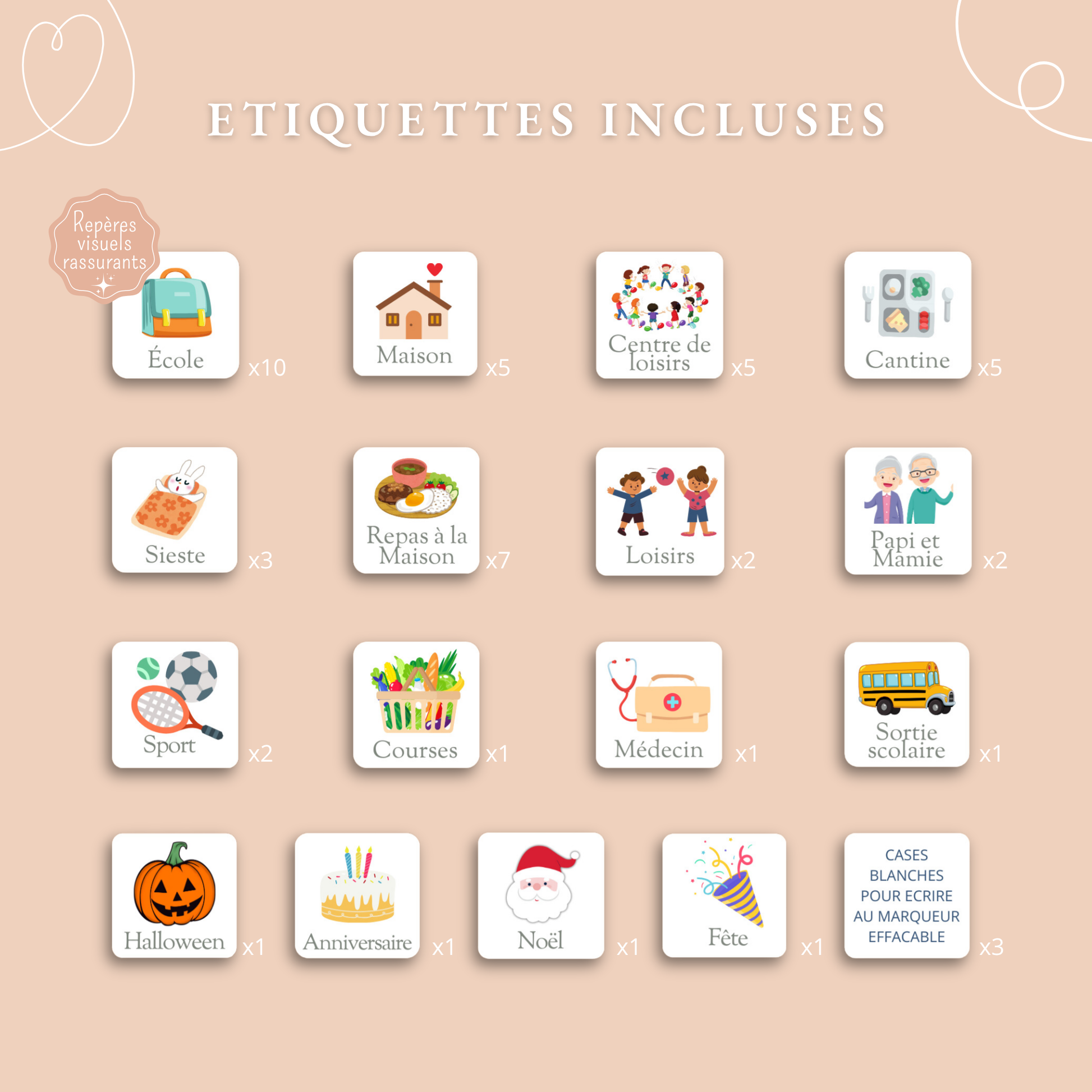 Le semainier comprend 50 étiquettes visuelles pour organiser les activités de la semaine (école, cantine, sport, sorties...). Idéal pour permettre à votre enfant d’anticiper chaque journée avec sérénité. ➕ 3 étiquettes vierges pour compléter selon vos besoins.